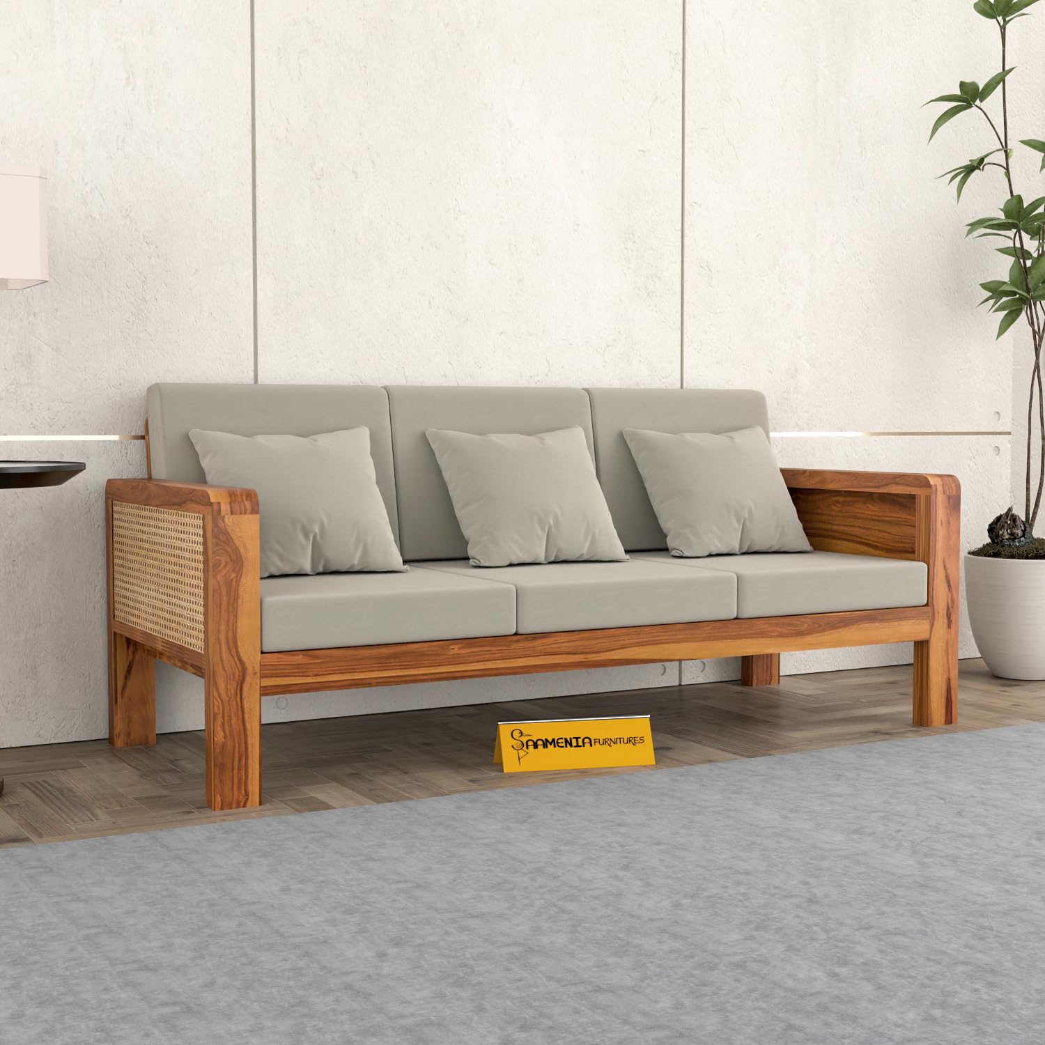 Divine Living Sheesham Wooden 3 Seater Sofa for Living Room | Solid Wood Sofa with Cane Side Panel | Rosewood Sofa Set for Home & Office | Lounge (Honey Finish, 3 Seater)