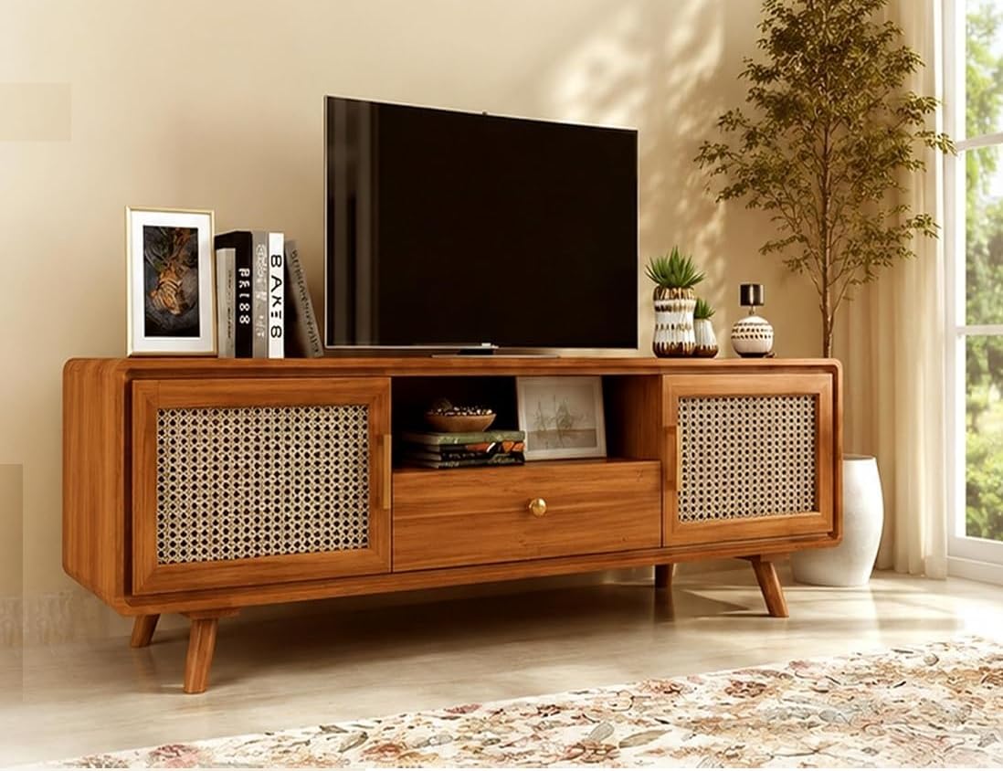 Solid Sheesham Wood TV Unit with 2 Doors, 1 Drawer & Open Shelf Storage | Modern Wooden TV Cabinet & Entertainment Center Console Table for Living Room Furniture (Natural Brown Finish, 53X16X20 Inch)