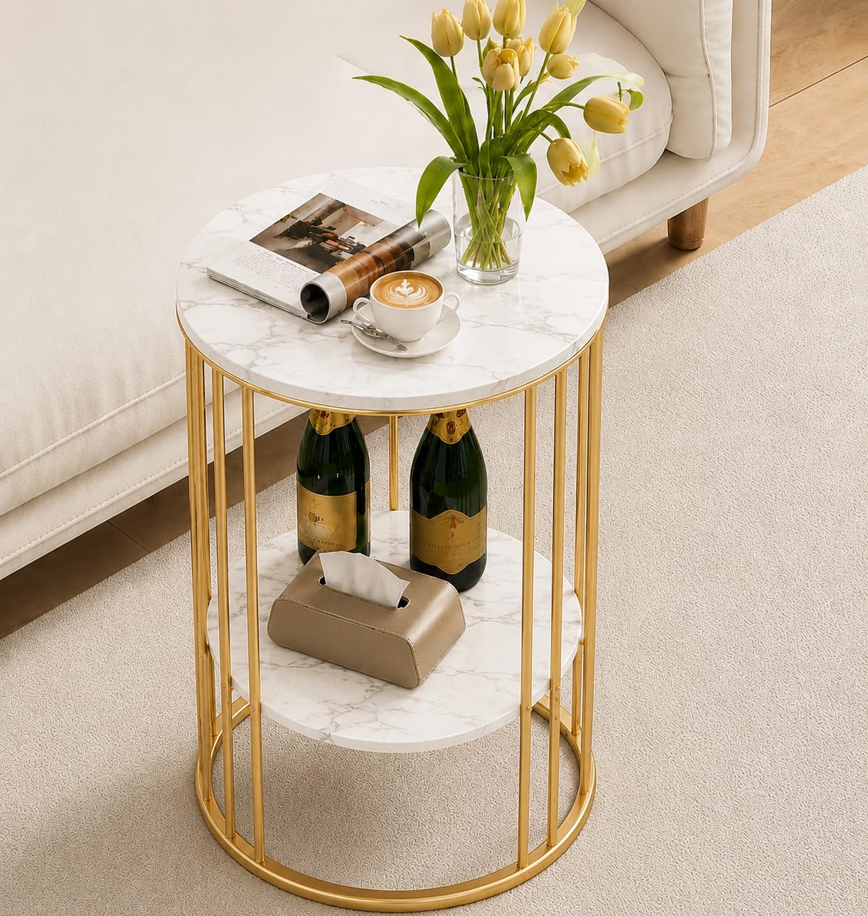 Small Round Circle End Tables (L 40 x B 40 x H 54 cm) with Faux Marble Top Bedside End Table Sintered Stone 2 Tier Design Nightstand for Home & Bed/Living Room Furniture(Gold White)