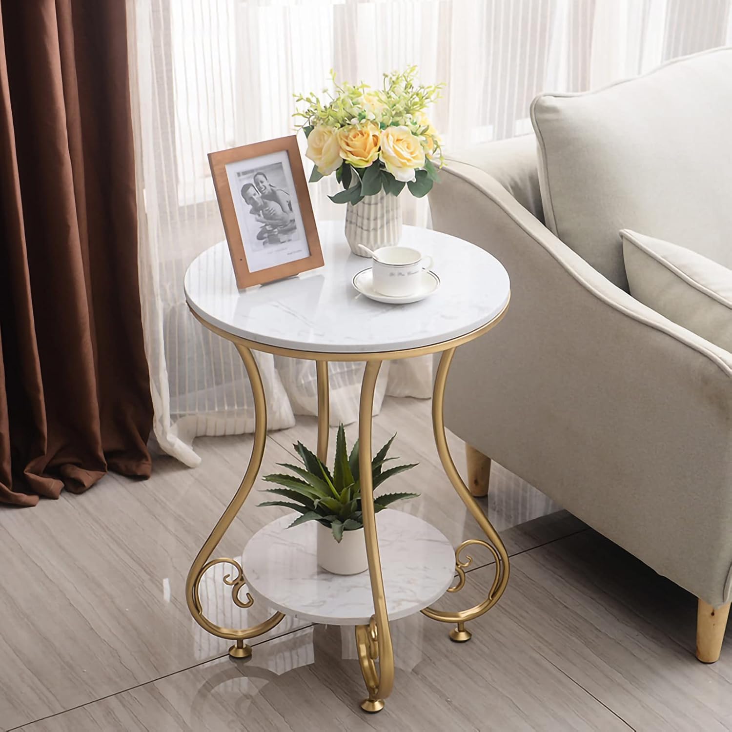CARTADEN Side Table, 2-Tier Round End Table with Storage Shelves for Living Room Bedroom Accent Coffee Sofa Table for Small Spaces,Round Nightstand with Metal Frame Gold White
