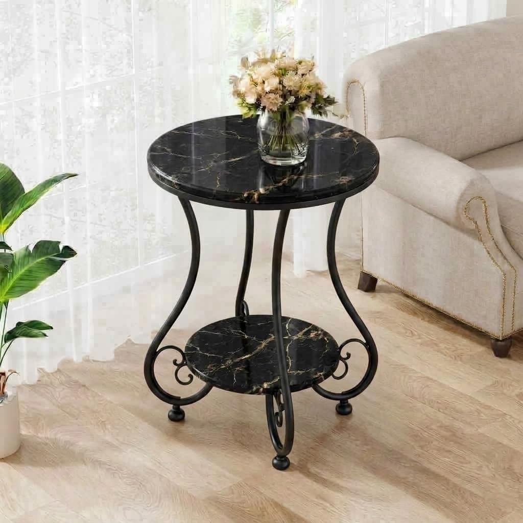 CARTADEN Side Table, 2-Tier Round End Table with Storage Shelves for Living Room Bedroom Accent Sofa Coffee Table for Small Spaces, Nightstand with Metal Frame Full Black