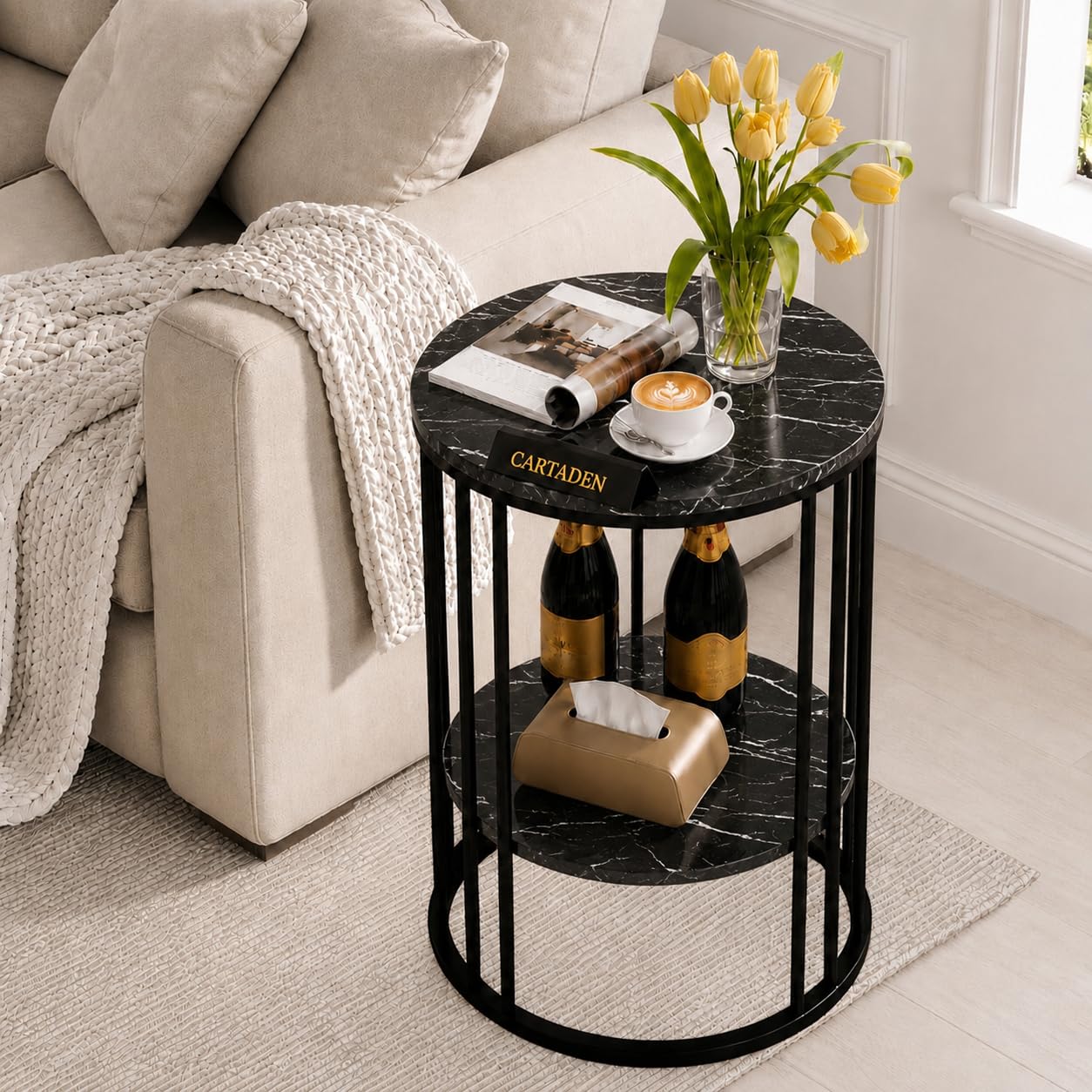 CARTADEN Side Table, 2-Tier Round End Table with Storage Shelves for Living Room Bedroom Accent Coffee Sofa Table for Small Spaces, Nightstand Black