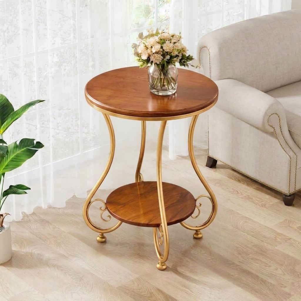 CARTADEN Side Table, 2-Tier Round End Table with Storage Shelves for Living Room Bedroom Accent Sofa Coffee Table for Small Spaces, Nightstand with Metal Frame Gold Brown