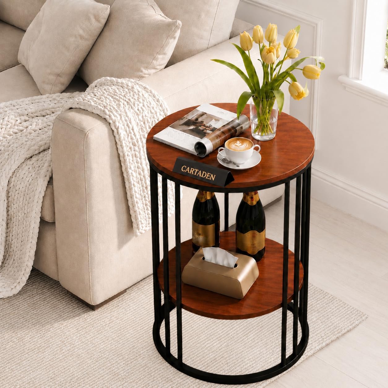CARTADEN Side Table, 2-Tier Round End Table with Storage Shelves for Living Room Bedroom Accent Coffee Sofa Table for Small Spaces, Nightstand Black Brown