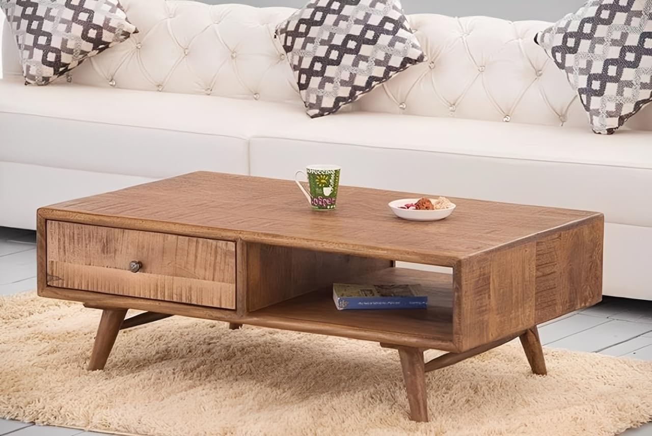 TEO Solid Wood Coffee Table for Living Room | Mango Wood Centre Table with Drawer | Honey Teak Finish | Size - 110 x 60 x 42 cm | Assembly - DIY
