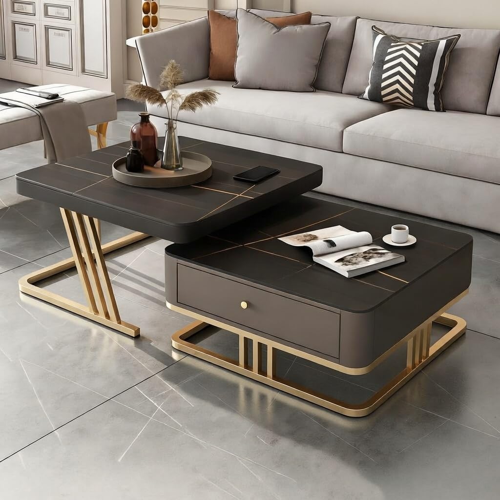 Mehsha Modern Living Room Coffee Table with Lift-Top Storage Drawer, Marble Finish, Metal Legs, Dual-Layer Design, Elegant Center Table 20x20 (Gold Black)