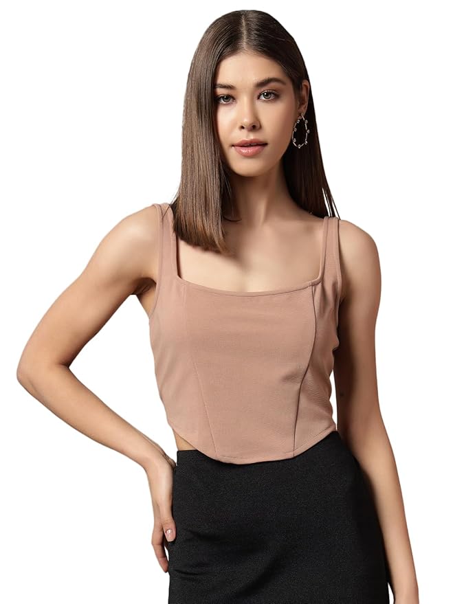 Trend Arrest.ed Women's Stretchable Corset Style Crop Top | Square Neck Sleeveless Zipper Back Body-Hugging Fit | Casual