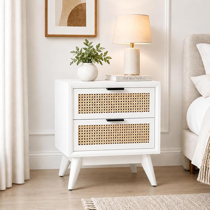 Wooden Bedside Table with 2 Drawers | Modern Cane Nightstand for Bedroom | Solid Wood Side Table with Storage | Rattan Accent End Table for Living Room & Home Decor (White)