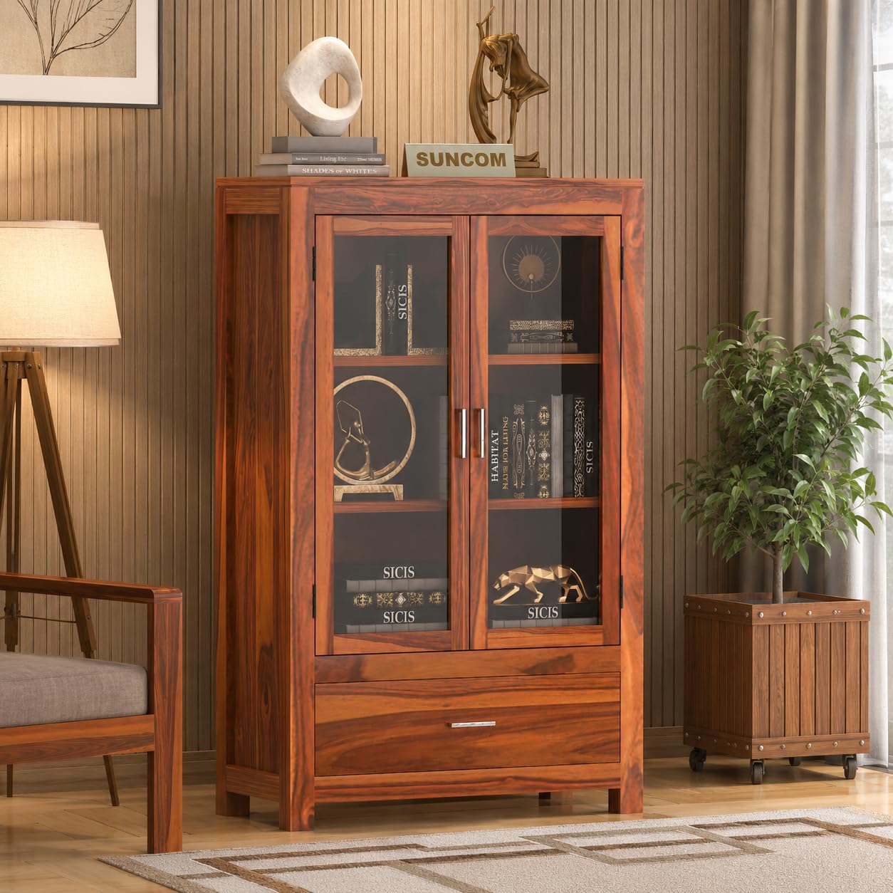 Solid sheesham Wood Book Shelf with Racks Storage - Library Bookshelf - Wooden Book Cabinet Office & Studyroom - Bookcases with Glass Door & Drawer Storage (Natural Finish)