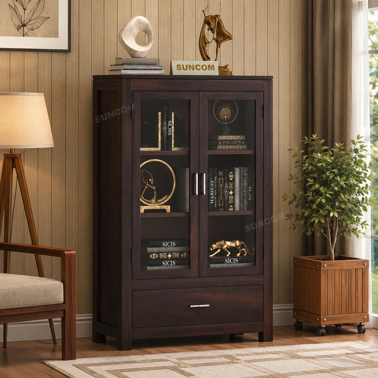 Solid sheesham Wood Book Shelf with Racks Storage - Library Bookshelf - Wooden Book Cabinet Office & Studyroom - Bookcases with Glass Door & Drawer Storage (Walnut Finish)