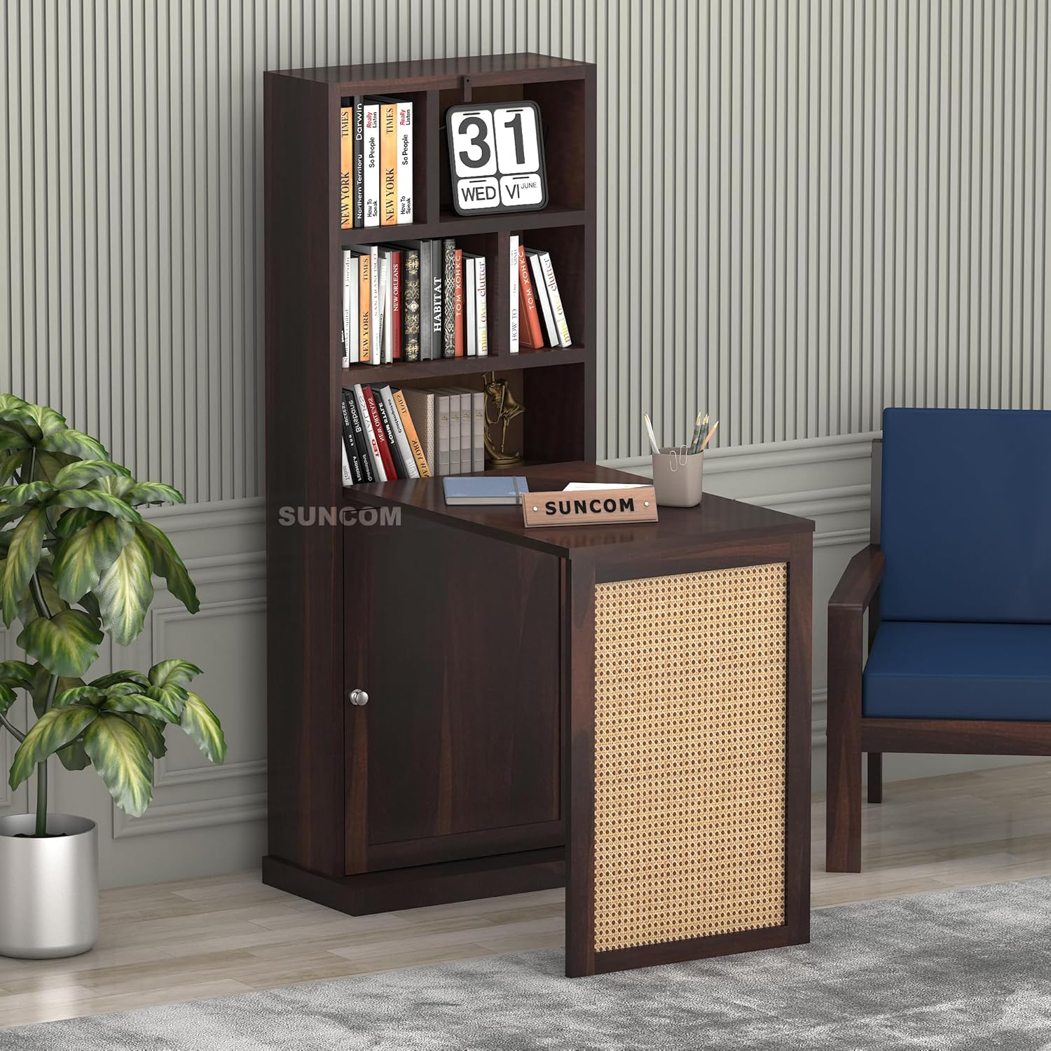 Solid Sheesham Wood Foldable Study Table with Bookshelf & Storage Cabinet | Rosewood Study Desk for Home & Office (Walnut Finish)