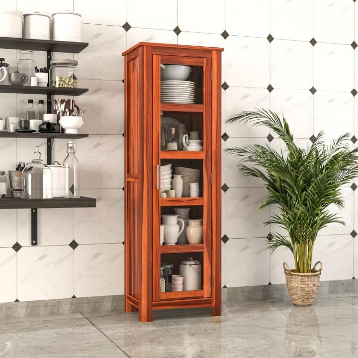 Sheesham Wood Crockery Storage Cabinet for Kitchen - Wooden Cupboard for Crockery Almirah - Glass Display Cabinet for Livingroom (Natural Finish)