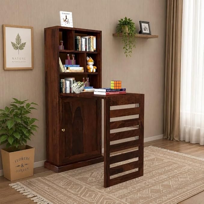 Solid Sheesham Wood Study Table with Bookshelf Storage - Wooden Writing Desk with Storage Cabinet - Space Saving Study Desk for Home, Office & Students (Natural Finish)
