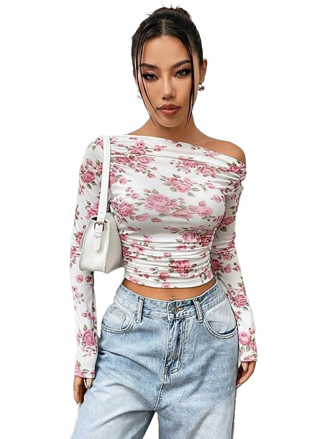 Istyle Can Floral Print Power Net Full Sleeve Asymmetric Collar Pleated Cropped Top for Women | Slim Fit Stylish Crop Top with Lining | Casual Top