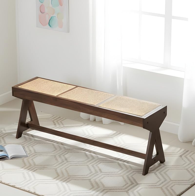 Ikiriya Stylish Rockport Sheesham Wood Mid-Century 3 Seater Bench, Natural Rattan Work (48x16x18 Inches, 1 Yr Warranty)