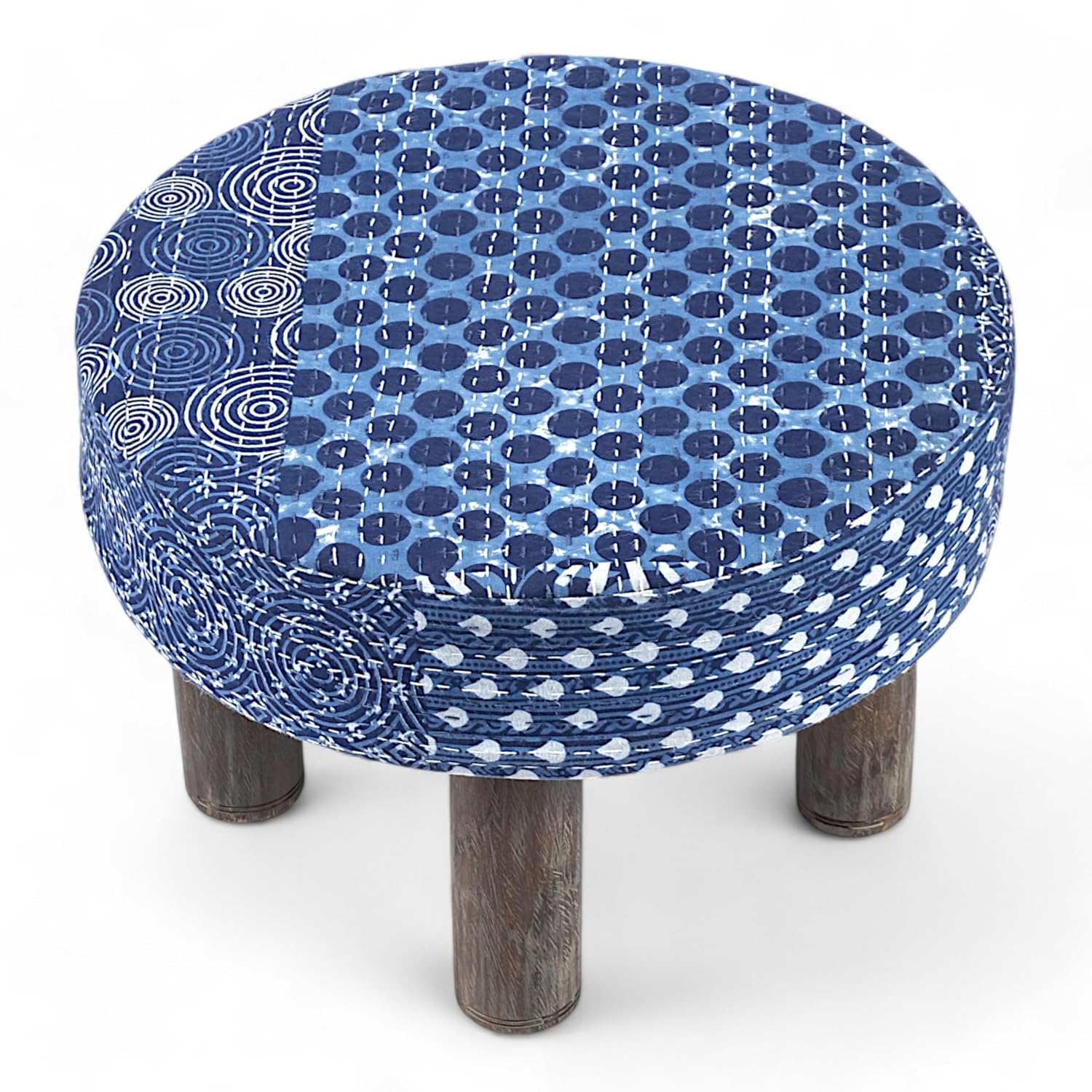 Ikiriya Stylish Maple Sheesham Wood Mid-Century Round Foot Stool Set of 2, Indigo Patchwork Kantha (16x16x11 Inches, 1 Yr Warranty)
