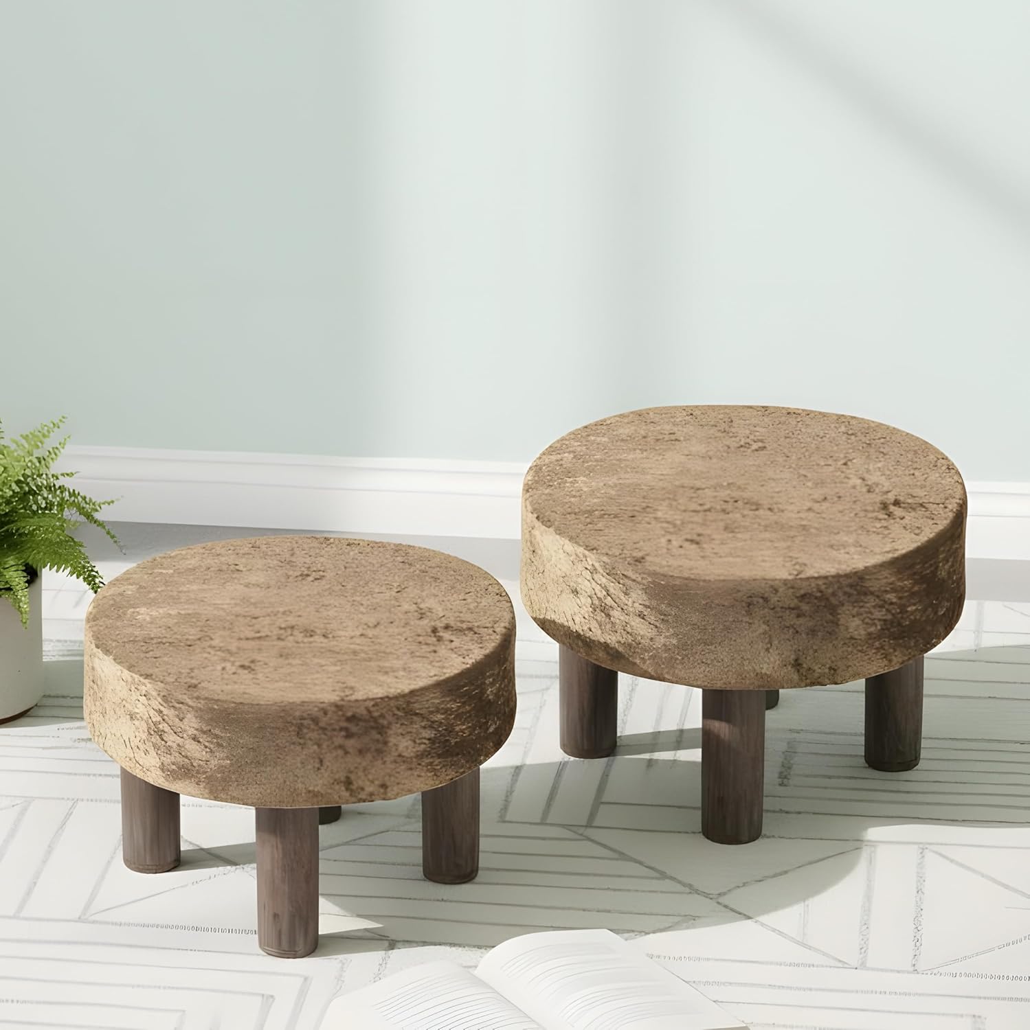 Ikiriya Stylish Maple Sheesham Wood Accent Round Foot Stool Set of 2, Green Sparkle Velvet (16x16x11 Inches, 1 Yr Warranty)