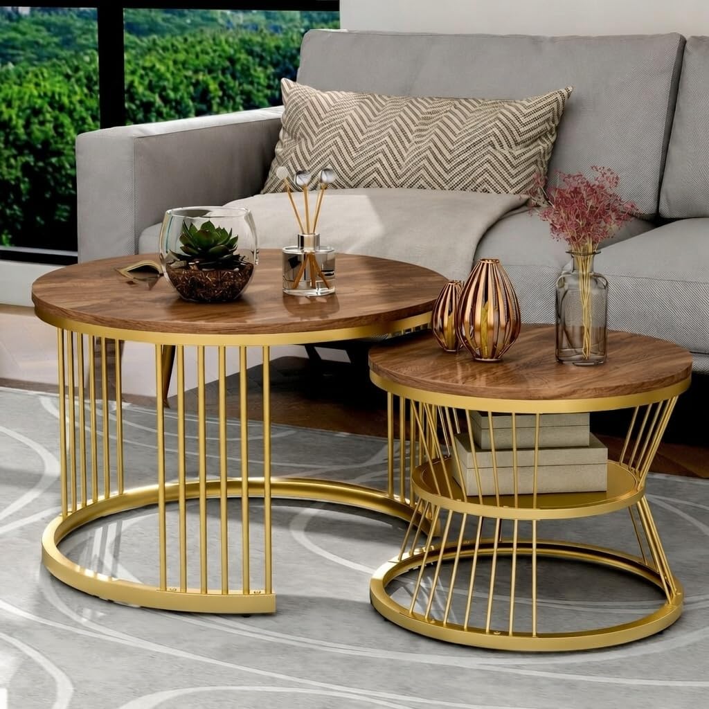 Modern Nesting Coffee Table for Living Room | Round Marble Finish & Wooden Look Centre Table | Metal Frame Tea Table | Sofa Table | Teapoy Table Set of 2 (Golden Antique)