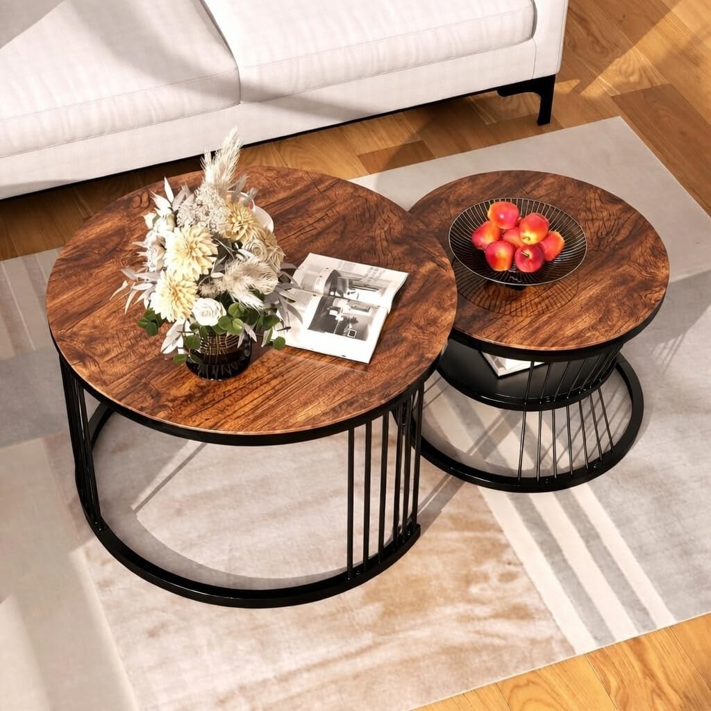 Modern Nesting Coffee Table for Living Room | Round Marble Finish & Wooden Look Centre Table | Metal Frame Tea Table | Sofa Table | Teapoy Table Set of 2 (Black Antique)