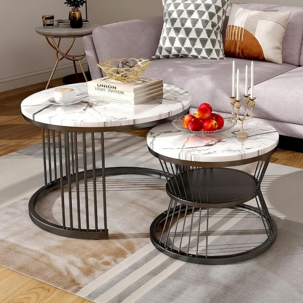 Modern Nesting Coffee Table for Living Room | Round Marble Finish & Wooden Look Centre Table | Metal Frame Tea Table | Sofa Table | Teapoy Table Set of 2 (Black White)