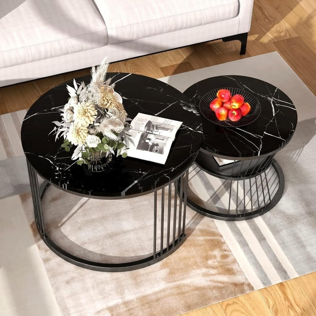 Modern Nesting Coffee Table for Living Room | Round Marble Finish & Wooden Look Centre Table | Metal Frame Tea Table | Sofa Table | Teapoy Table Set of 2 (Full Black)