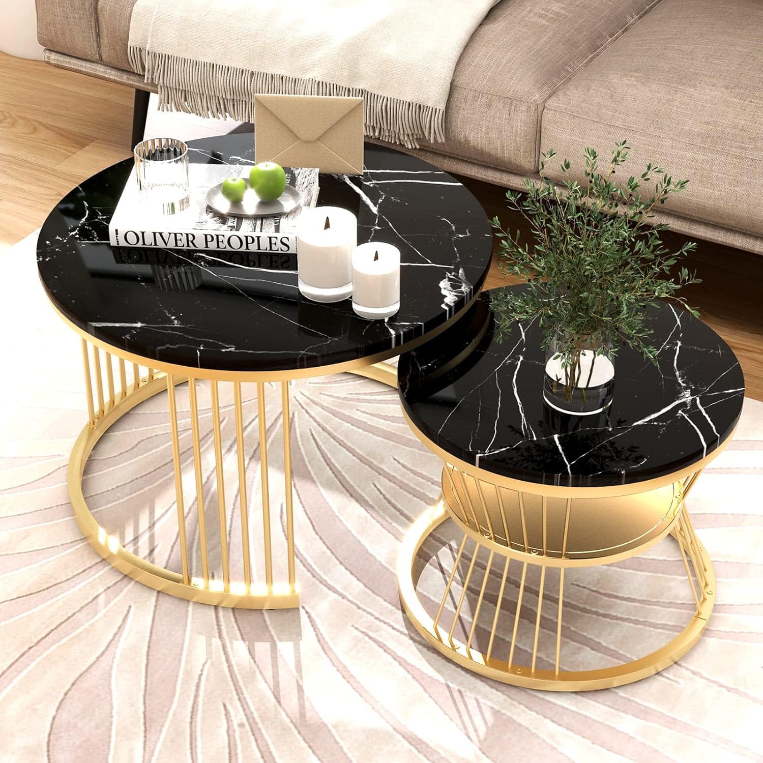 Modern Nesting Coffee Table for Living Room | Round Marble Finish & Wooden Look Centre Table | Metal Frame Tea Table | Sofa Table | Teapoy Table Set of 2 (Golden Black)