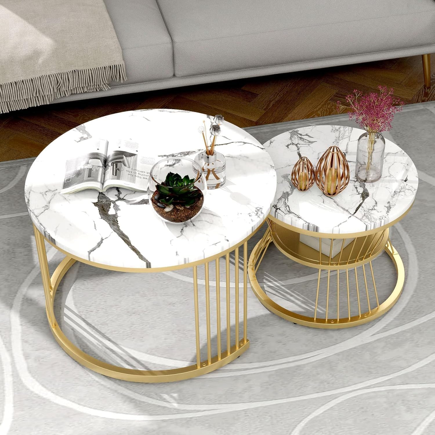 Modern Nesting Coffee Table for Living Room | Round Marble Finish & Wooden Look Centre Table | Metal Frame Tea Table | Sofa Table | Teapoy Table Set of 2 (Golden White)