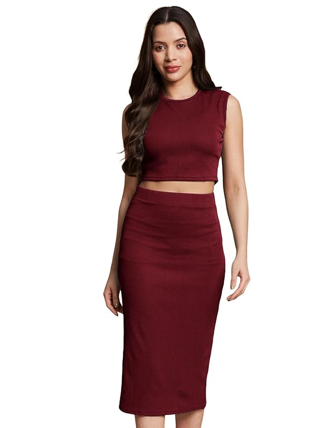 SIRIL Women Ribbed Polyester Solid Cord Set, Top And Skirt Set, Co Ord Set Stylish