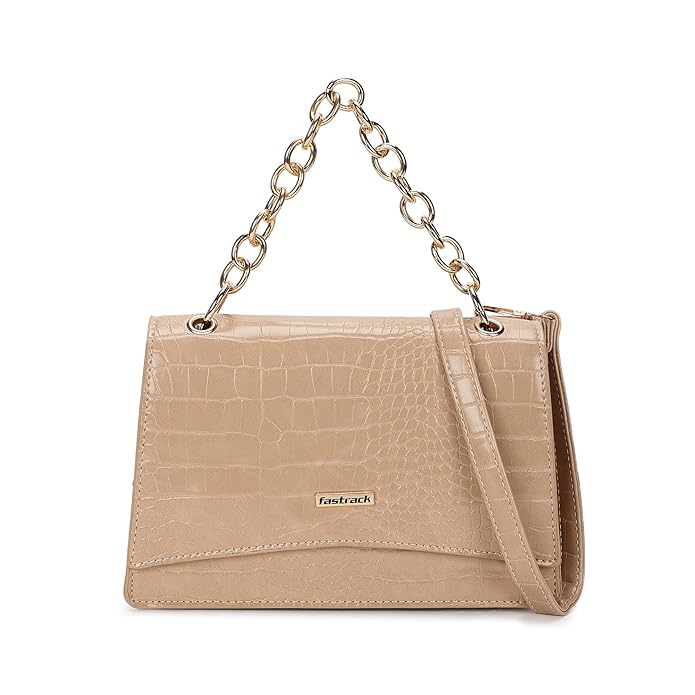 Fastrack Sling Bag For Women | Faux Leather Structured Sling With Metal Chain Handle and Adjustable Belt | Flap Closure and Spacious Interior | Trendy Women's Handbags