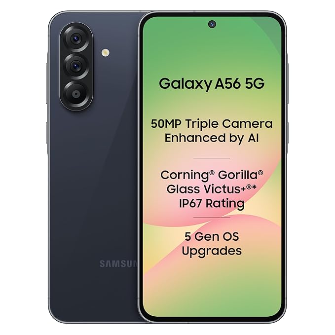 Samsung Galaxy A56 5G (Awesome Midnight Blue, 8GB, 128GB) | Segment Most Complete Triple Camera | AI Editing | 4nm Processor | sAMOLED Display| Gorilla Glass Victus+| 5 Gen OS Upgrades