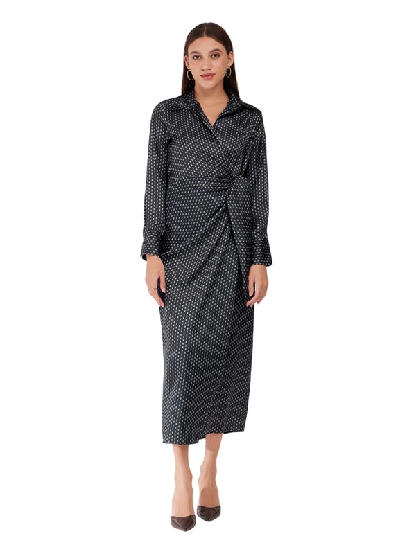 FableStreet Women's Casual Shirt Collar Printed Polyester Midi Dress