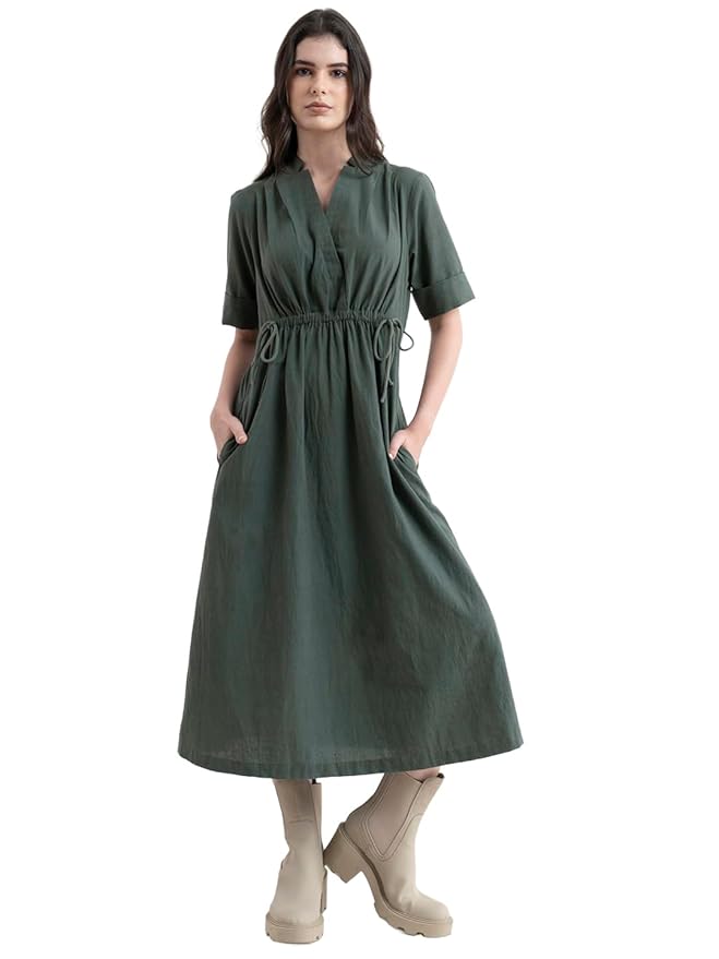 FableStreet Olive Green Linen Formal A-Line Midi Dress