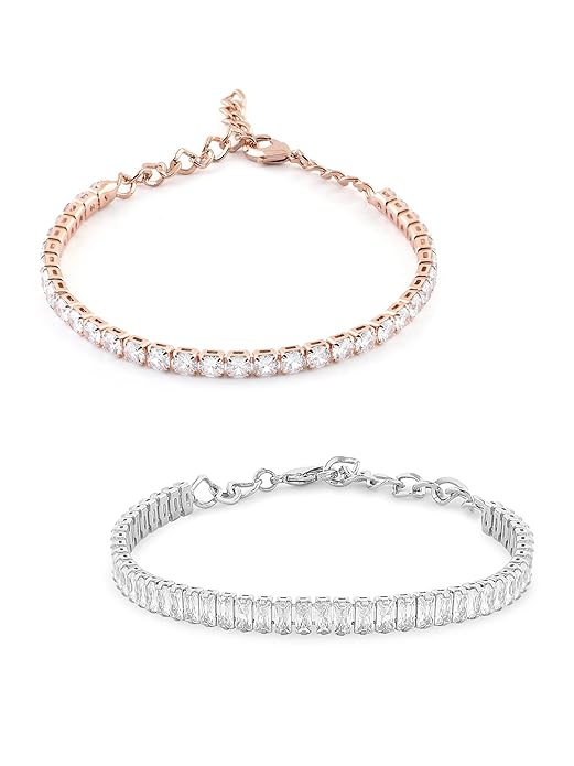 ZAVERI PEARLS Set of 2 Rose Gold & Silver Tone Cubic Zirconia Contemporary Tennis Bracelets For Women-ZPFK21607