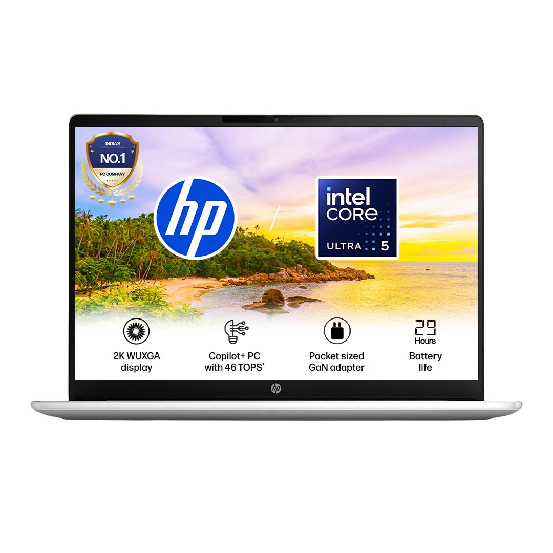HP OmniBook 3 OLED ● Intel Core Ultra 5 322● 46 Tops● 16GB DDR5 (Upgradeable)● 512GB SSD● 2K●14''/35.6cm● 300nits● Win11● Office24● Silver● 1.4kg● hs0052TU● Lighter mini GaN Charger● AI Laptop
