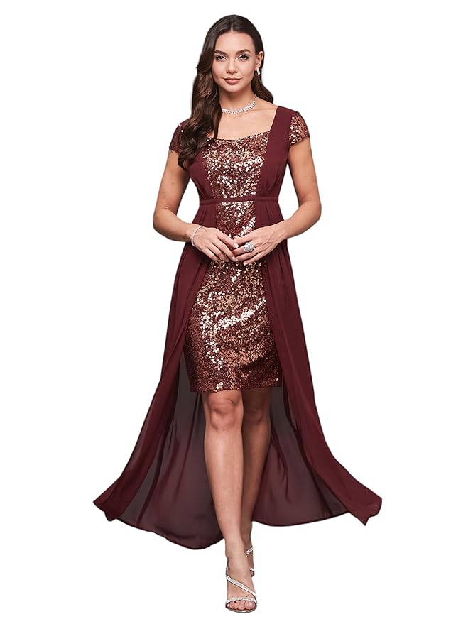 Miss Chase Women's Square Neck Short Sleeve Embellished Layered Maxi Dress