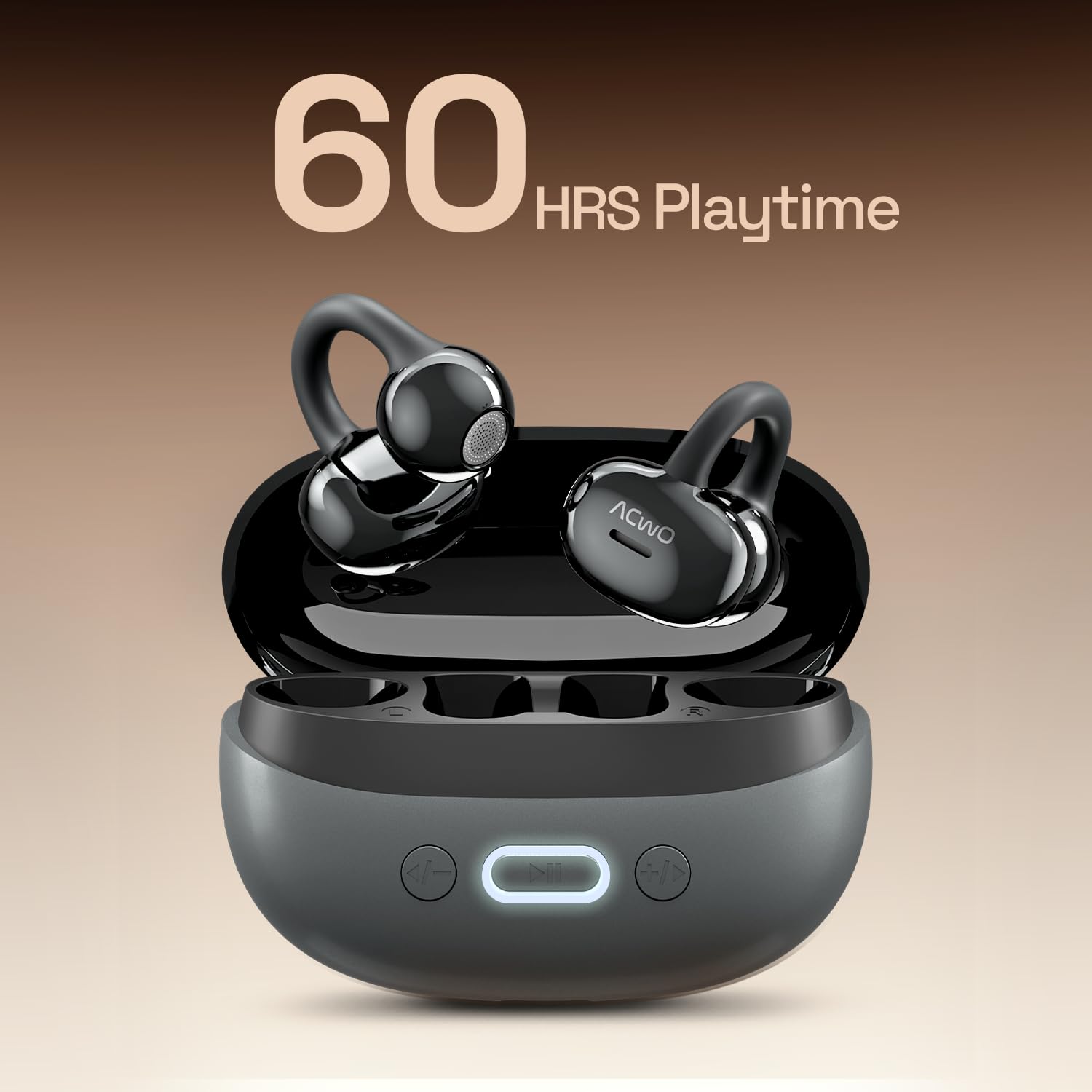 ACwO DwOTS Flow 2 Open-Ear OWS Earbuds with Smart Case Control, Clip-On Design with Ear Hooks, AI-ENC Mic, Up to 60 Hours Playtime, Dual Connectivity, IPX5 Sweat Resistance, Wireless Earbuds (Grey)