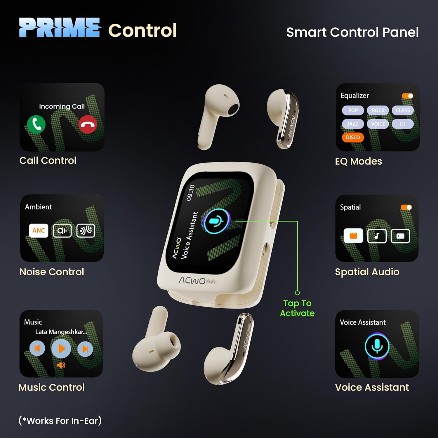 ACwO Fire Prime TWS Earbuds (in-Ear & Half-in-Ear in 1 Case) | Smart HD Display + 40DB ANC (in-Ear) | 80 Hrs Playtime | | 4 Mics AI-ENC | 3D Spatial Sound | BT V5.4 | Creme,Beige