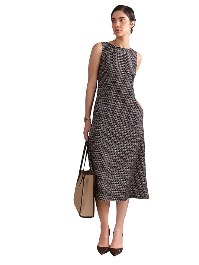 FableStreet Women Formal Dress | Elegant A-Line Fit Sleeveless Boat Neck Solid Color | Premium Stretchable Polymoss Fabric with Keyhole Detail & Pockets for Office & Day-to-Night Wear