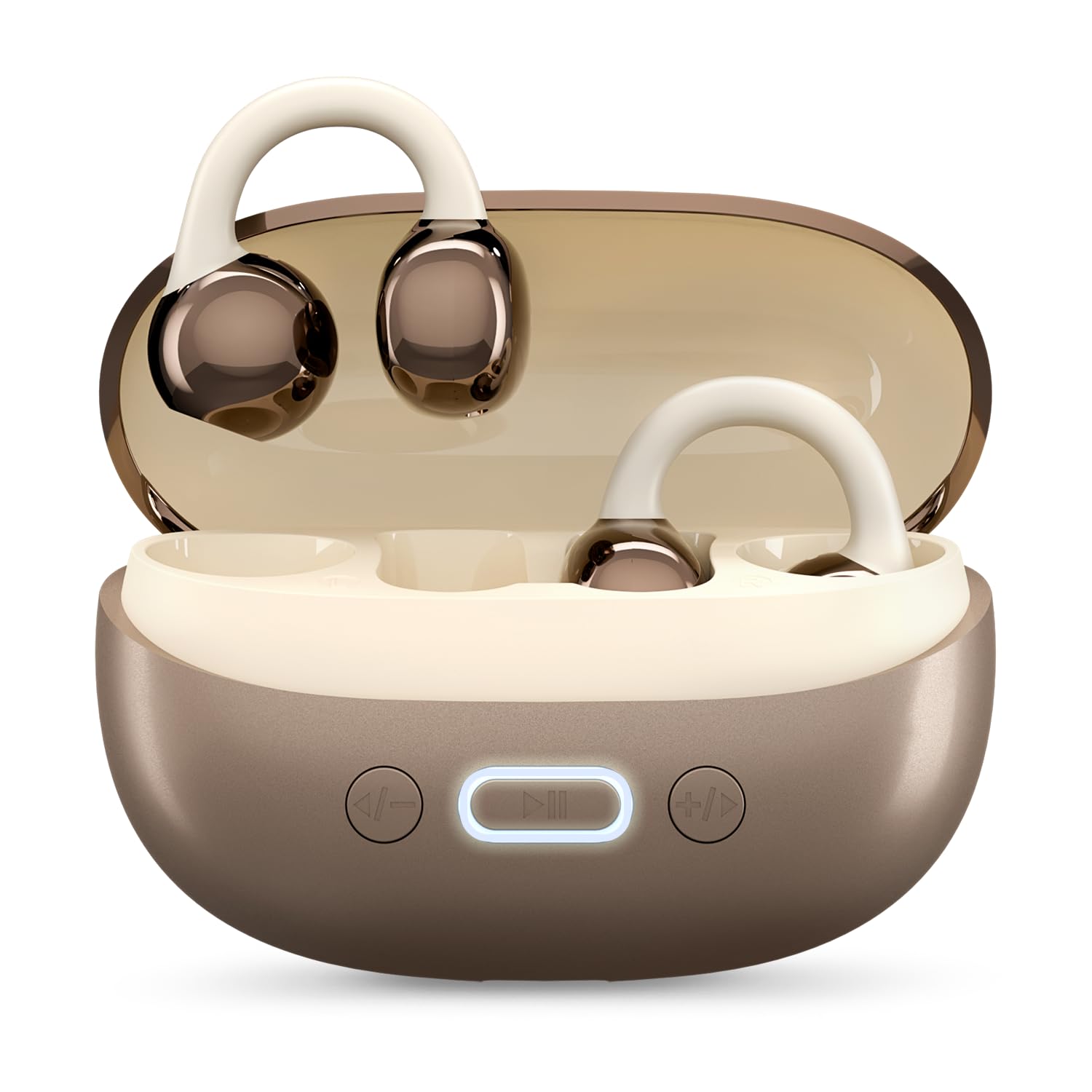 ACwO DwOTS Flow 2 Open-Ear OWS Earbuds with Smart Case Control, Clip-On Design with Ear Hooks, AI-ENC Mic, Up to 60 Hours Playtime, Dual Connectivity, IPX5 Sweat Resistance, Wireless Earbuds (Brown)