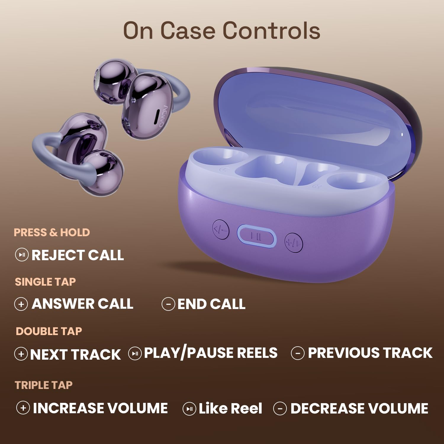 ACwO DwOTS Flow 2 Open-Ear OWS Earbuds with Smart Case Control, Clip On Design with Ear Hooks, AI-ENC Mic, Up to 60 Hours Playtime, Dual Connectivity, IPX5 Sweat Resistance, Wireless Earbuds (Purple)