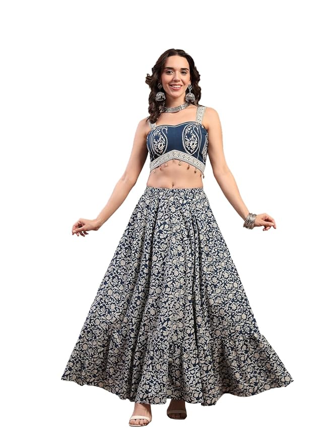 Stylum Women's Ethnic Printed Cotton Ethnic Top With Skirt