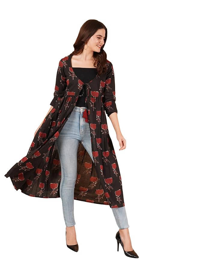 COTLAND Fashions Jaipuri Cotton Printed Black Shrug/Jacket/Cape for Women