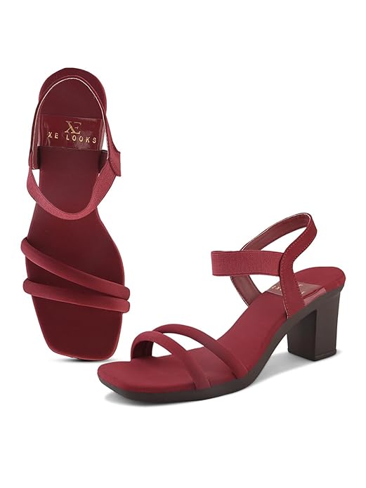 XE Looks Women's Block Heel Sandals | Elegant Strappy Design | Square Toe with Cushioned Footbed | Lightweight & Stylish Heel Sandals For Girls & Women