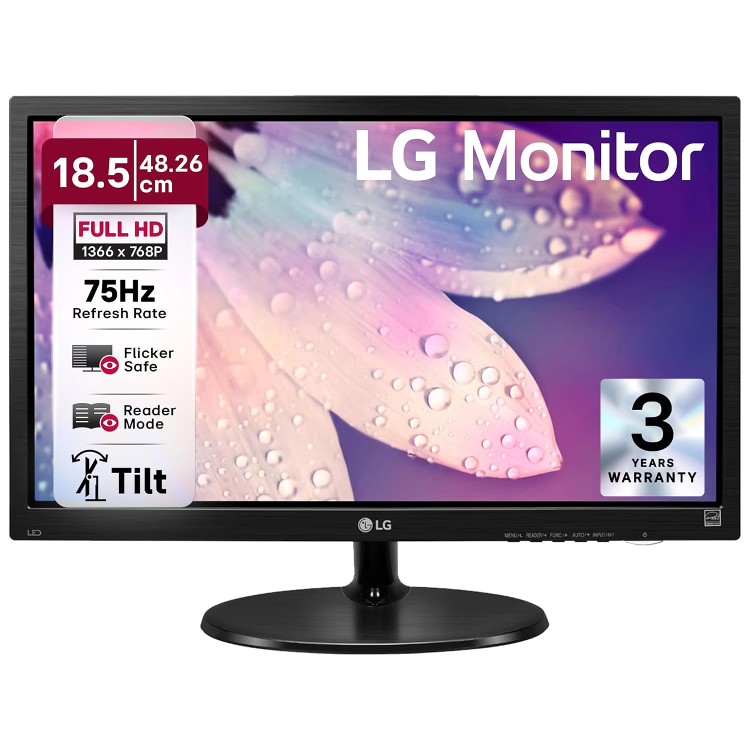 LG 19M38LB 47 cm (18.5 Inch) HD (1366 X 768) Monitor, 5 ms, 75Hz, Flicker Safe, Reader Mode, Smart Energy Saving, Black Stabilizer, D-Sub, HDMI Port, Head Phone Out, 3 Years Onsite Warranty, Black