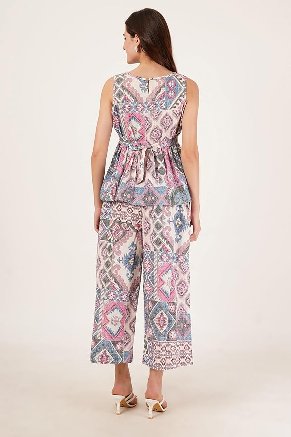 COTLAND Fashions Jaipuri Cotton Printed Sleeveless Peplum Top with Pants Co-Ord Set for Women