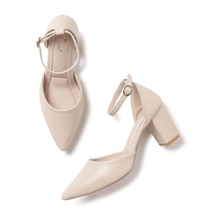 Marc Loire Women's Pointed Toe Block Heel Pumps | Office & Party Shoes with Ankle Loop & Buckle Strap | Formal Footwear