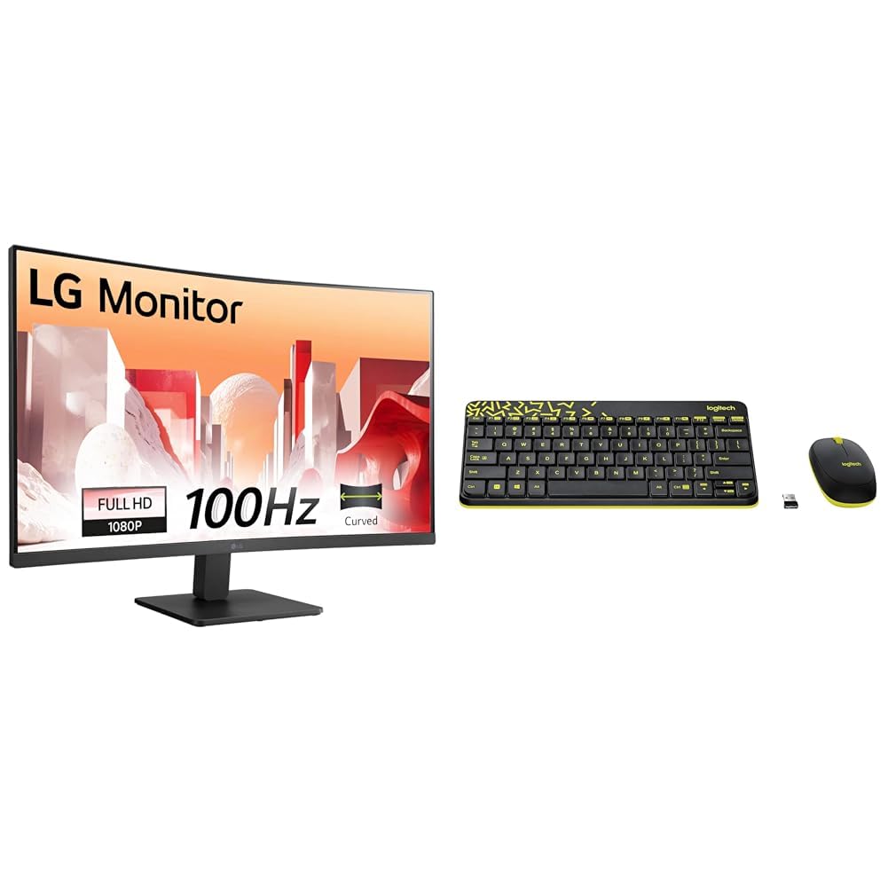 LG 32MR50C (32 Inch) Full HD Curved Monitor (1920 x 1080) with 100Hz, 5ms, VA Panel, AMD FreeSync™, HDMI X 2, VGA, Headphone Out, Tilt + Logitech MK240 Nano Wireless Keyboard and Mouse Combo