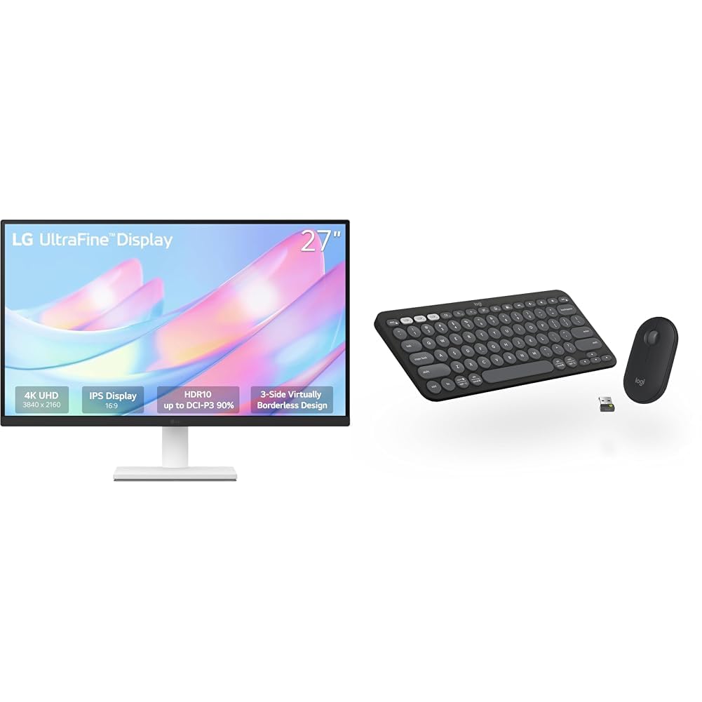 LG 27US500-W, 27 Inch Ultrafine Monitor, IPS, 4K UHD (3840x2160), 60Hz,HDR10 up to 90% DCI-P3 Color gamut, Borderless Design, Reader Mode + Logitech Pebble 2 Combo Wireless Keyboard and Mouse