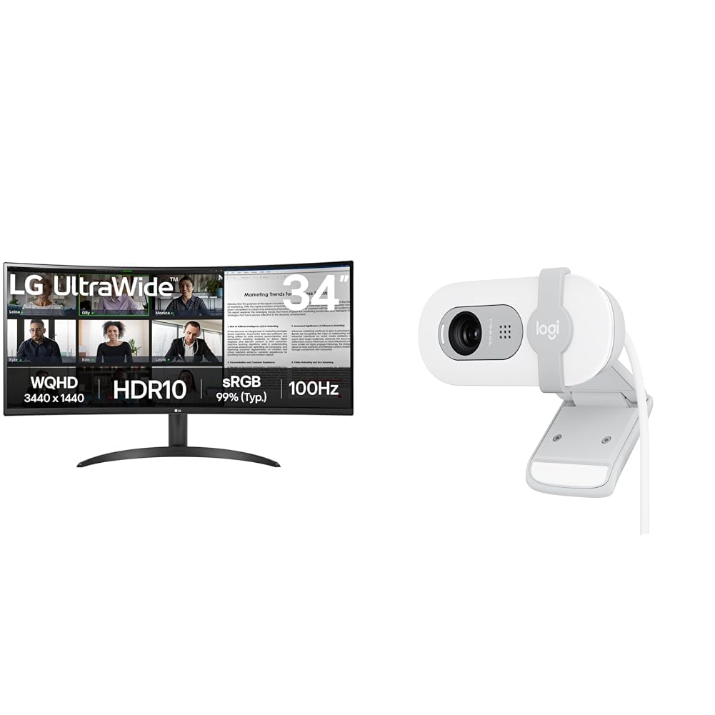 LG 34 Inches 21:9 Curved Ultra Wide Monitor, WQHD (3440 x 1440 Pixels), sRGB 99%(Typ), HDR 10, Dual Controller, PBP, Flicker Safe, Smart Energy Saving + Logitech Brio 100 Full HD 1080P Webcam