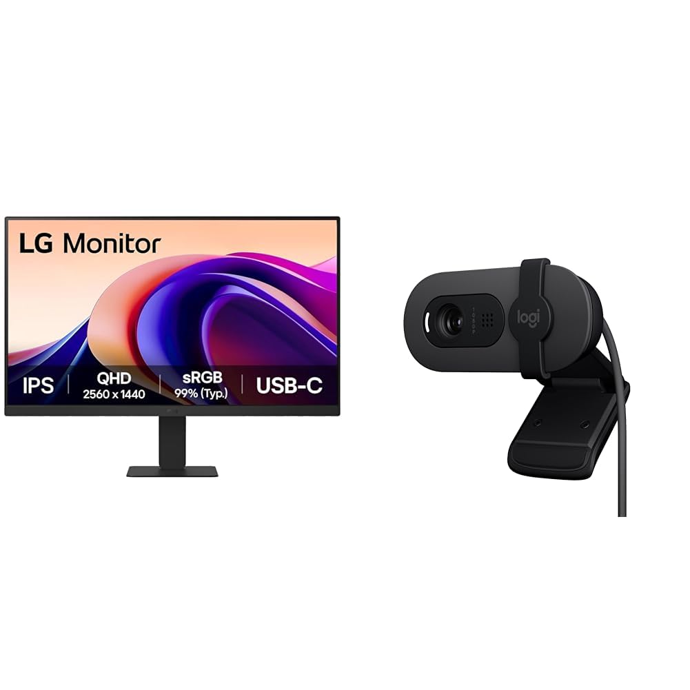 LG 24U631A IPS QHD (2560x1440) Monitor, 24 Inch, 100Hz, sRGB 99% (Typ.), HDR10, USB-C with PD 15W, HDMI, 3 Side Virtual Borderless, Head Phone Out + Logitech Brio 100 Full HD 1080P Webcam